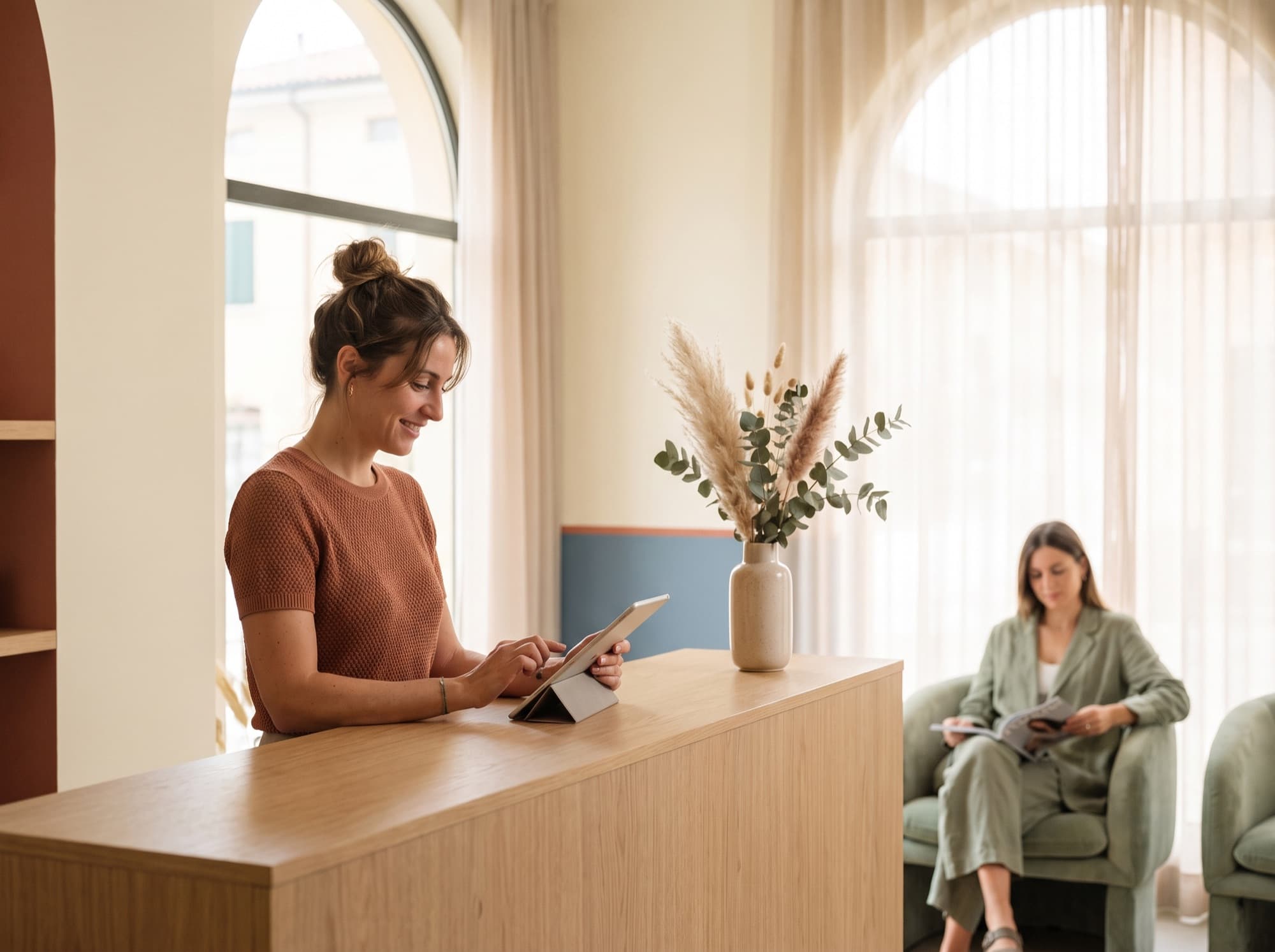 Alla reception di un centro estetico un’operatrice controlla le prenotazioni sul tablet, mentre una cliente attende in poltrona