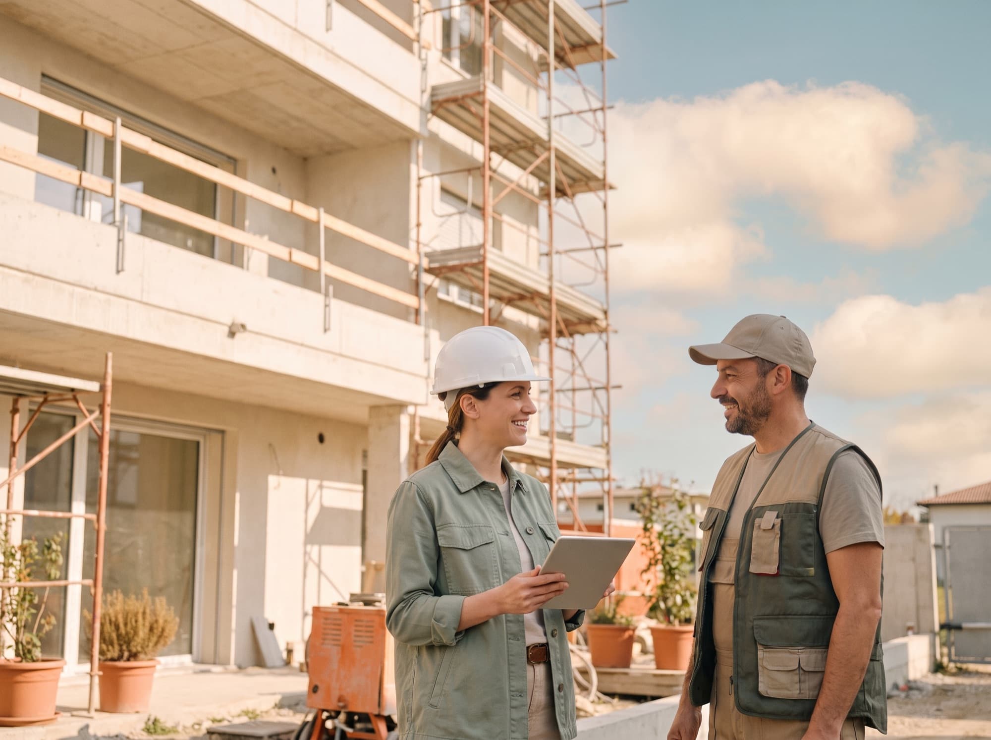 Una tecnica con casco e tablet parla con un operaio davanti a un edificio in costruzione con i ponteggi