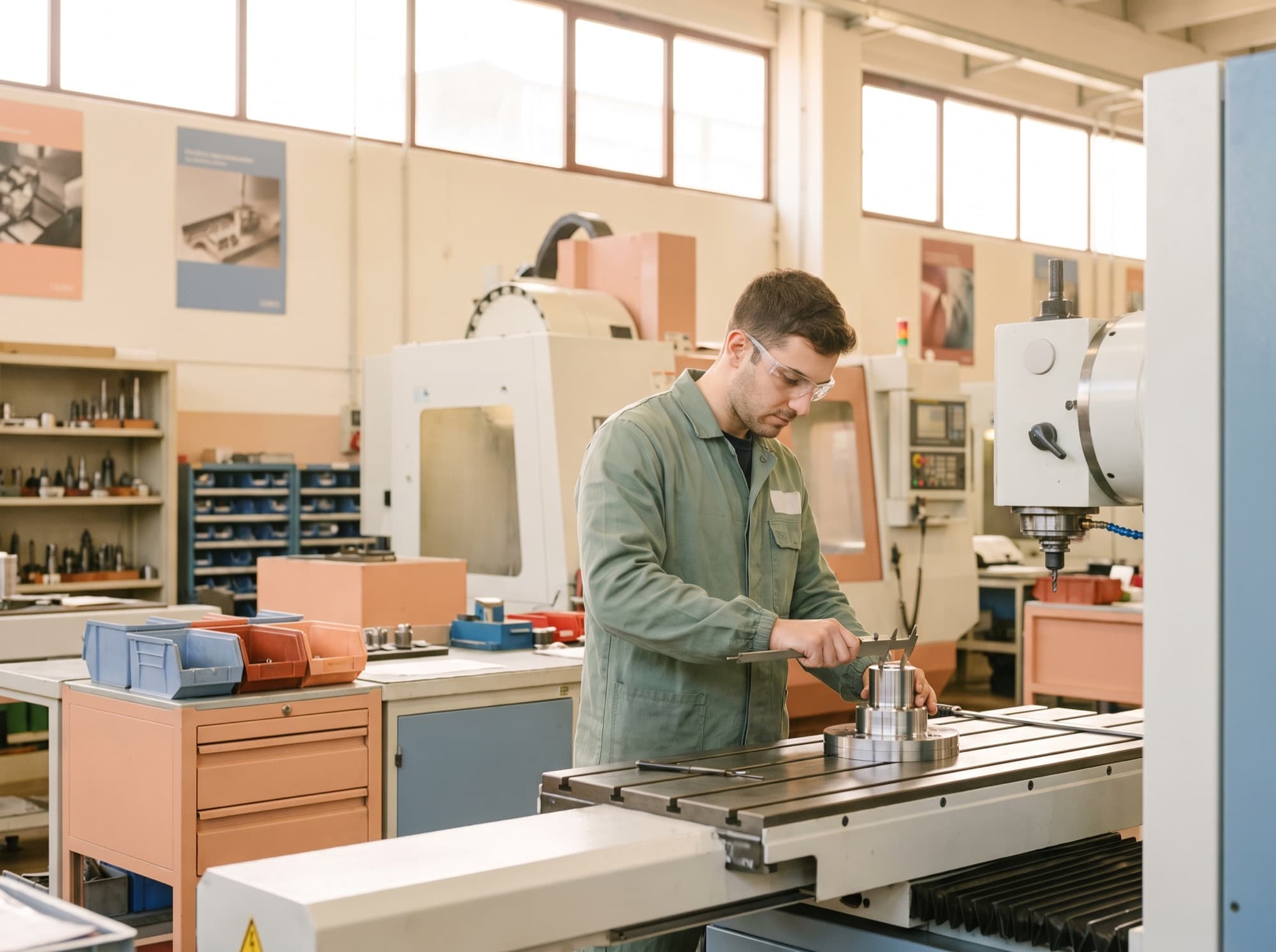 In un’officina con macchine CNC un tecnico misura un pezzo lavorato con il calibro